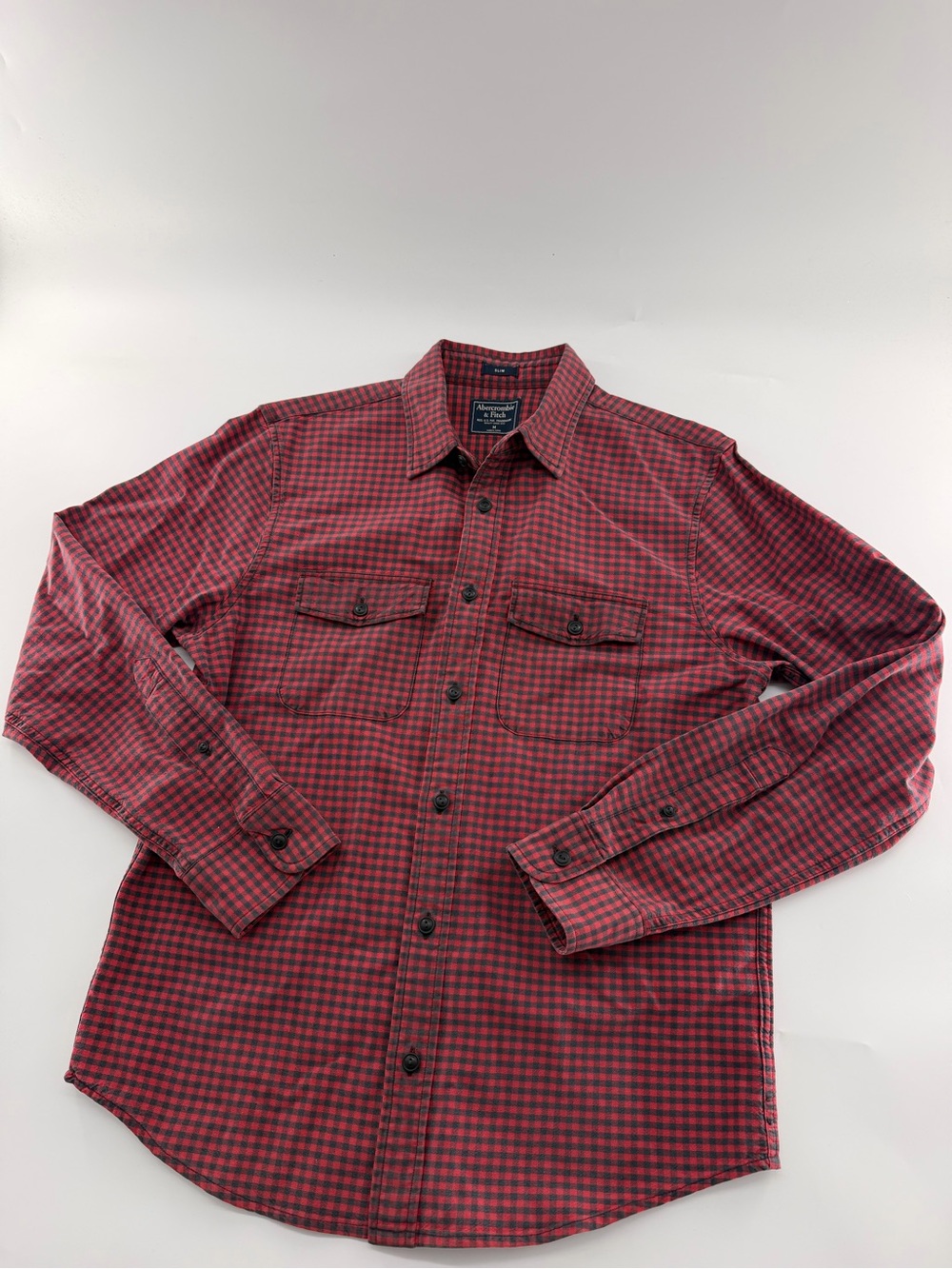 Abercrombie & Fitch Grey Red Plaid Button Up Long Sleeve Slim Fit Shirt Medium